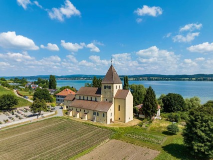 Aerial view of the Church of St. George, Oberzell, Reichenau, UNESCO World Heritage Site, Constance