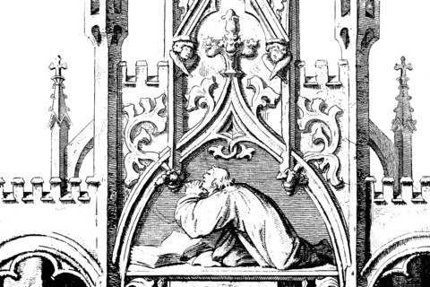 Martin Luther in prayer, ornamentation, crosses, bible, kneeling, semicircle, religion,