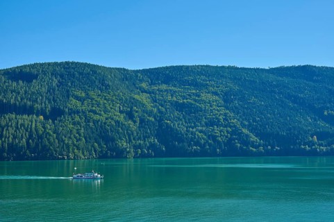 Lake, mountains, forest, excursion boat, summer, Lake Millstatt, Döbriach, Carinthia, Austria,