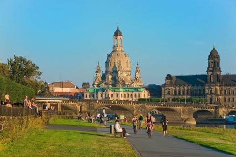 Dresden Silhouette View from Neustätter Elbufer to Dresden Old Town
