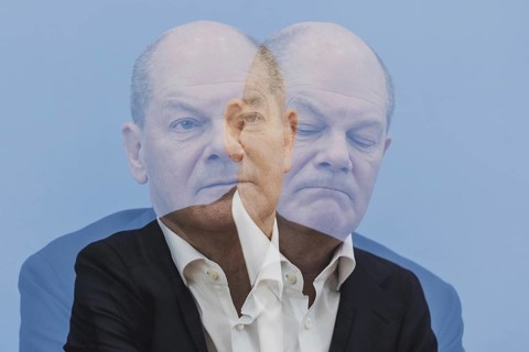 Photo taken as a double exposure. Olaf Scholz (SPD), Federal Chancellor, taken at a federal press