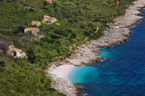 Coastline, turquoise bay, close, small pebble beach, houses, Zingaro, national park, nature