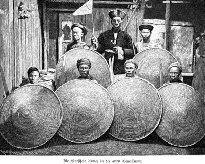 Chinese army with old armament, China, soldiers, swords, shields, flag, wooden house, woodcut,