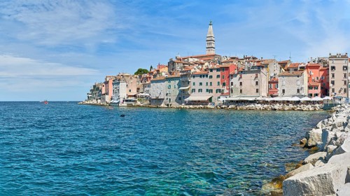 View of the old town of Rovinj, Adriatic Sea, blue sky, Istria, Croatia, Europe