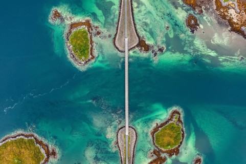 Aerial view of a bridge between islands, Fredvang, Lofoten, Norway, Europe