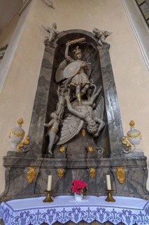 Archangel Gabriel, figure altar in the castle chapel at Waldenburg Castle, Waldenburg, Hohenlohe,