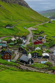 Bour village with many grasstop roofs, Vagar, Faroe islands, Denmark, Europe