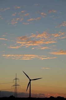 Sunset, wind power station, high voltage pylon, clouds, Melbeck, Ilmenau municipality, Lower