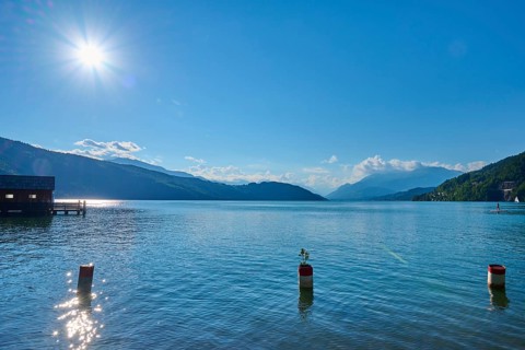Lake, boathouse, sun, evening, summer, Lake Millstatt, Döbriach, Carinthia, Austria, Europe