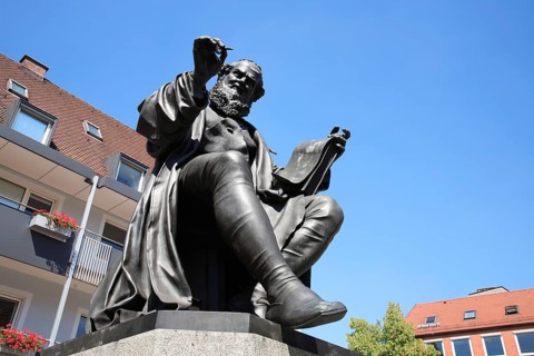 Hans Sachs Monument on Nuremberg's Hans Sachs Square, Nuremberg, Middle Franconia, Bavaria,