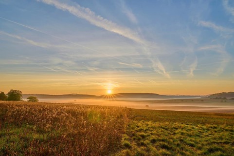 Landscape, fields, fog, sunrise, Höhefeld, Wertheim, Baden-Württemberg, Germany, Europe