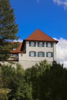 Gomaringen Castle, windows, green shutters, former parish residence of Johann Ulrich
