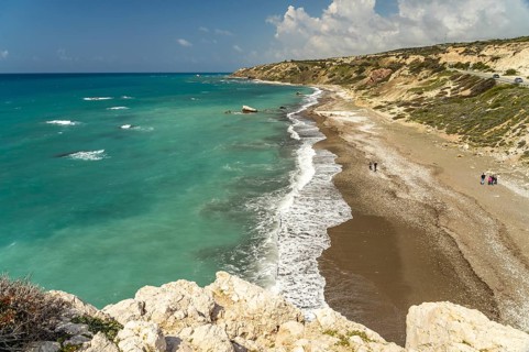 Petra tou Romiou beach, the Rock of Aphrodite in Kouklia near Paphos, Cyprus, Europe