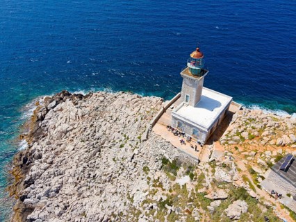 Drone shot, Akrotiri Tenaro lighthouse at the southernmost point of the Peloponnese, Cape Matapan,