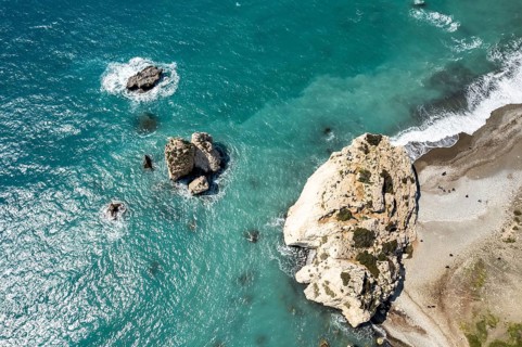 Petra tou Romiou, the Rock of Aphrodite seen from the air Kouklia near Paphos, Cyprus, Europe
