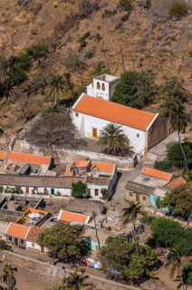 View over city with houses and church. Ciudad Velha. Cidade Velha. Santiago. Cabo Verde. Africa