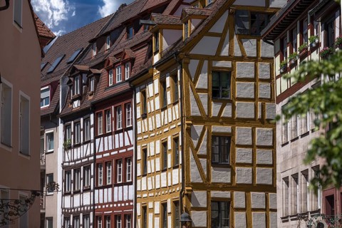 Medieval half-timbered houses, Weissgerbergasse, Nuremberg, Middle Franconia, Bavaria, Germany,