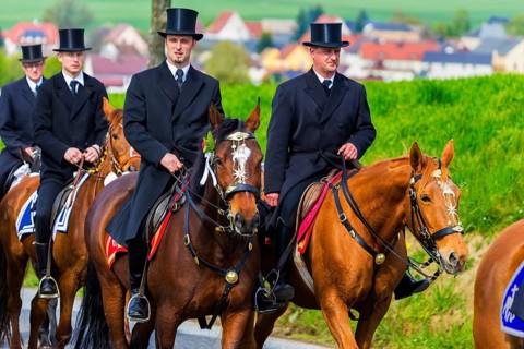 Easter riding procession in Crostwitz, Easter riding in Lusatia. Procession from Crostwitz to
