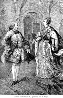 Tsarina Catherine the Second with Diderot, portrait, Russia, palace, hall, festive dress,