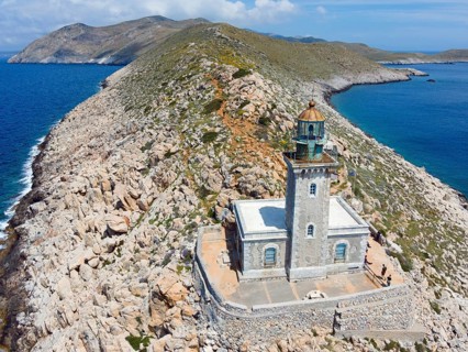 Drone shot, Akrotiri Tenaro lighthouse at the southernmost point of the Peloponnese, Cape Matapan,