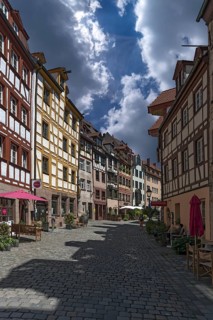 Historic old town alley with medieval half-timbered houses, Weissgerbergasse, Nuremberg, Middle
