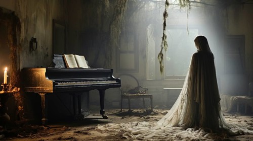 Mysterious and spooky female figure covered in sheer garment standing next to an old dusty piano in