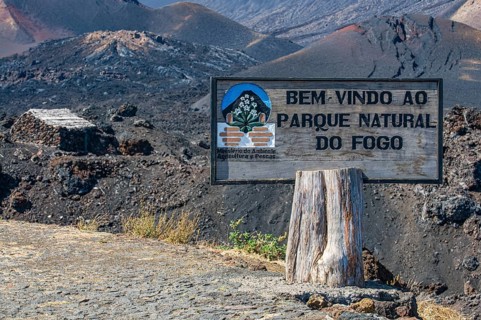 Signpost near vulcano on Fogo. Cabo Verde. Africa