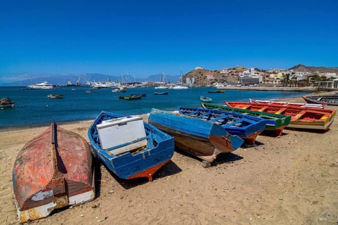 Row boats at coast. San Vincente. Mindelo. Cabo Verde. Africa