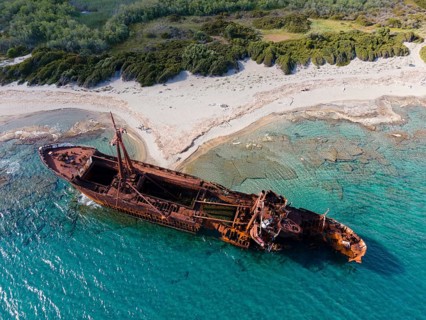 Drone shot, Dimitrios shipwreck, Glyfada beach, Selinitsa, Gythio, Githio, Gythion, Mani, Lakonia,