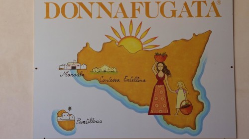 Colourful illustrated map of a winery with brand names and stylised illustrations, Donna Fugata