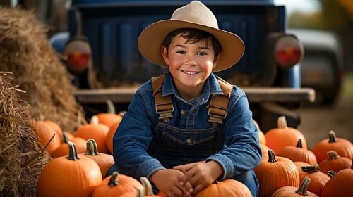 Delighted smiling young boy wearing overalls and a cowboy hat sitting in the back of a truck filled