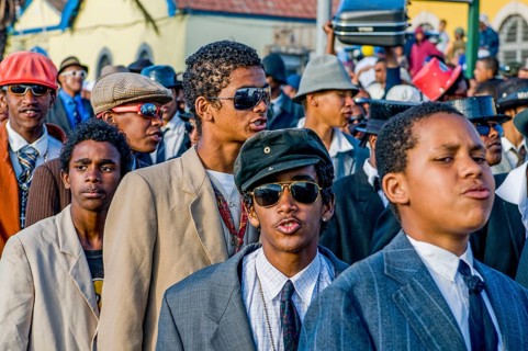 Young men, dressed as businesspeople. Carnival. Mindelo. Cabo Verde. Africa