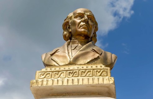 Gold coloured bust head of Miguel Hidalgo Y Costilla 1753-1811, Bacalar, Quintana Roo, Yucatan