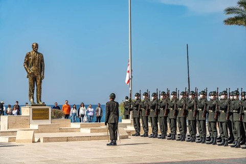 Parade of Turkish soldiers at the monument to Kemal Atatürk on the promenade in Kyrenia or Girne,