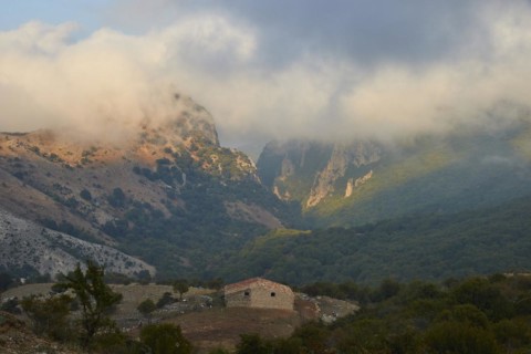 Fog, mountains, valley, green meadows, hut, light and shadow, foreground brightened, Madonie