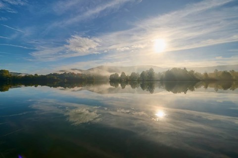 Lake, reflection, sky, clouds, fog, sunrise, autumn, Freudenberg, Odenwald, Baden-Württemberg,