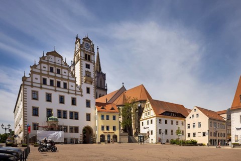 Oschatz market square with Rathaius and St. Aegidien Church