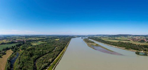 Drone image, Inn power plant Ering Frauenstein with natural landscape Lower Inn European Reserve,