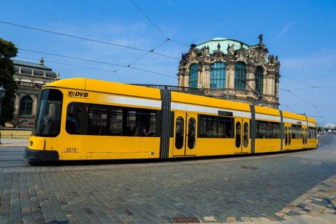 Modern DVB tram in Dresden city centre, Sophienstrasse at the Zwinger