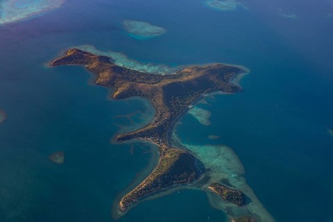 Aerial of little islets of the coast of Viti Levu, Fiji, South Pacific, Oceania
