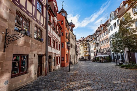 Historic half-timbered houses in Weissgerbergasse, in autumn, Old Town, Nuremberg, Middle