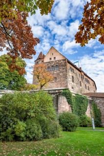 Main building of the Kaiserburg, seen from the castle garden, in autumn, Nuremberg, Middle