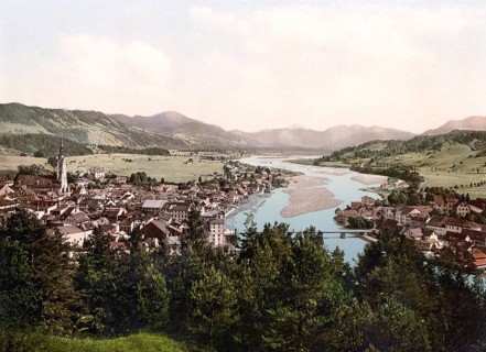 City of Bad Tölz in Bavaria, Historic, digitally enhanced reproduction of a photochrome print from