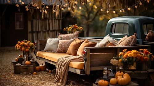 Vintage truck bed filled with fall themed decorations and pillows, generative AI