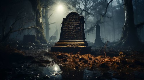 Foggy eerie haunted cemetery on halloween night, generative AI