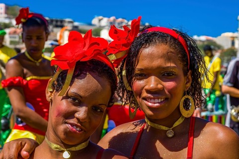 Colourful costumed, pretty woman. Carnival. Mindelo. Cabo Verde. Africa