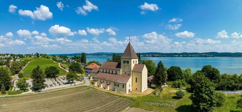 Aerial panorama of the Church of St. George, Oberzell, Reichenau, UNESCO World Heritage Site,