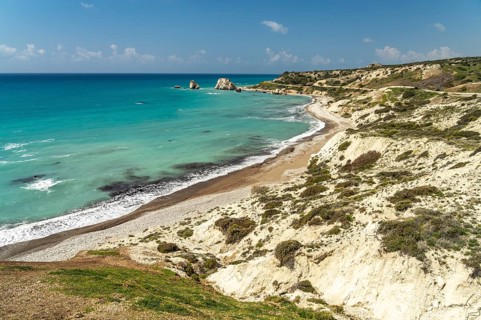 Petra tou Romiou beach, the Rock of Aphrodite in Kouklia near Paphos, Cyprus, Europe