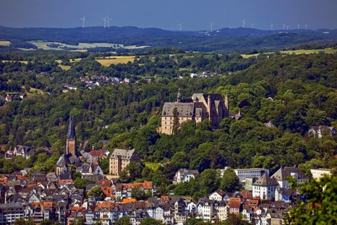 Elevated city view of the landgrave's castle and the old town, Marburg an der Lahn, Hesse, Germany,