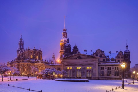Snow-covered Theatre Square with the Court Church, Residence Palace and Schinkel Guard